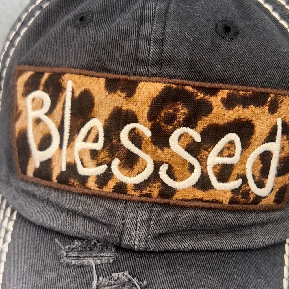 Blessed Leopard Patch Womens Black KBETHOS Vintage Baseball Hat‎ Distressed OSFM